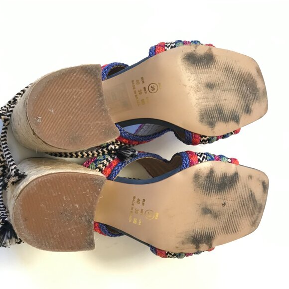 Anthropologie Ferracci Lace Up Kilim Sandals Womens 39 9 Pink Blue Block Heels - Picture 9 of 11